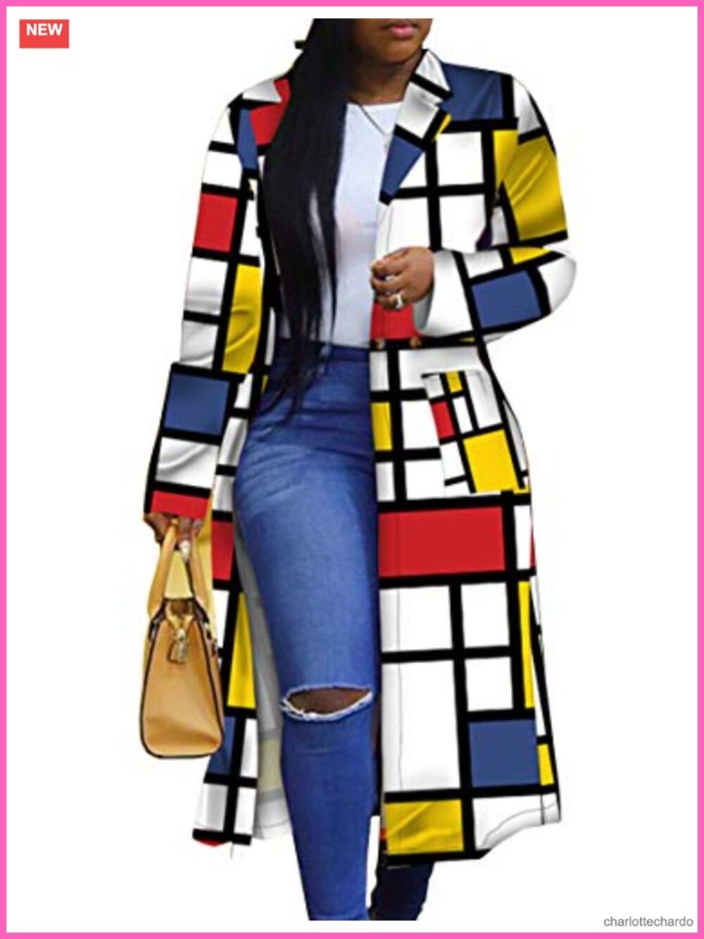 Geometric Print Double Breasted Trench Coat Turn Down Collar Long Blazer Jacket